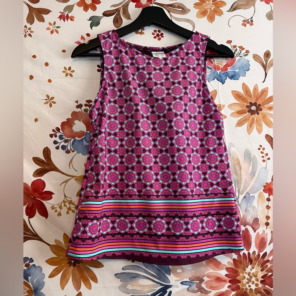 Lands’ End Women’s 6 Dark Pink Ornate Geometric Print Tankini Vacation Swim Top